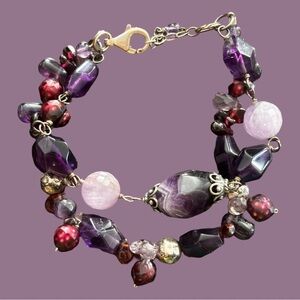 Sterling Silver double strand amethyst and garnet bracelet  vintage